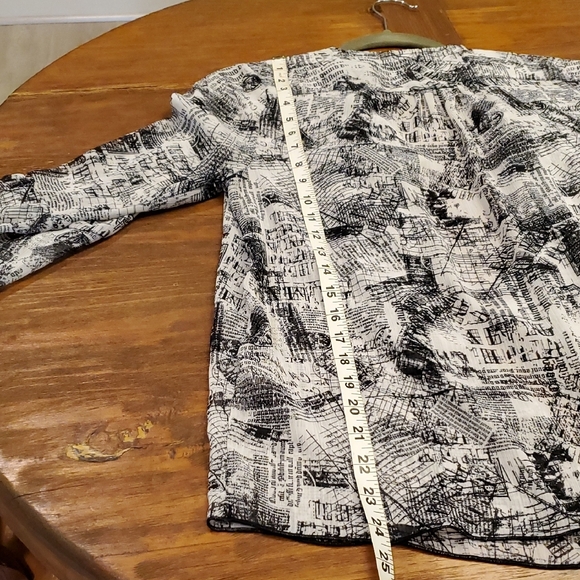 Christopher & Banks Black White Flowy Blouse Newspaper Print Cardigan Sheer Med. - Picture 10 of 16